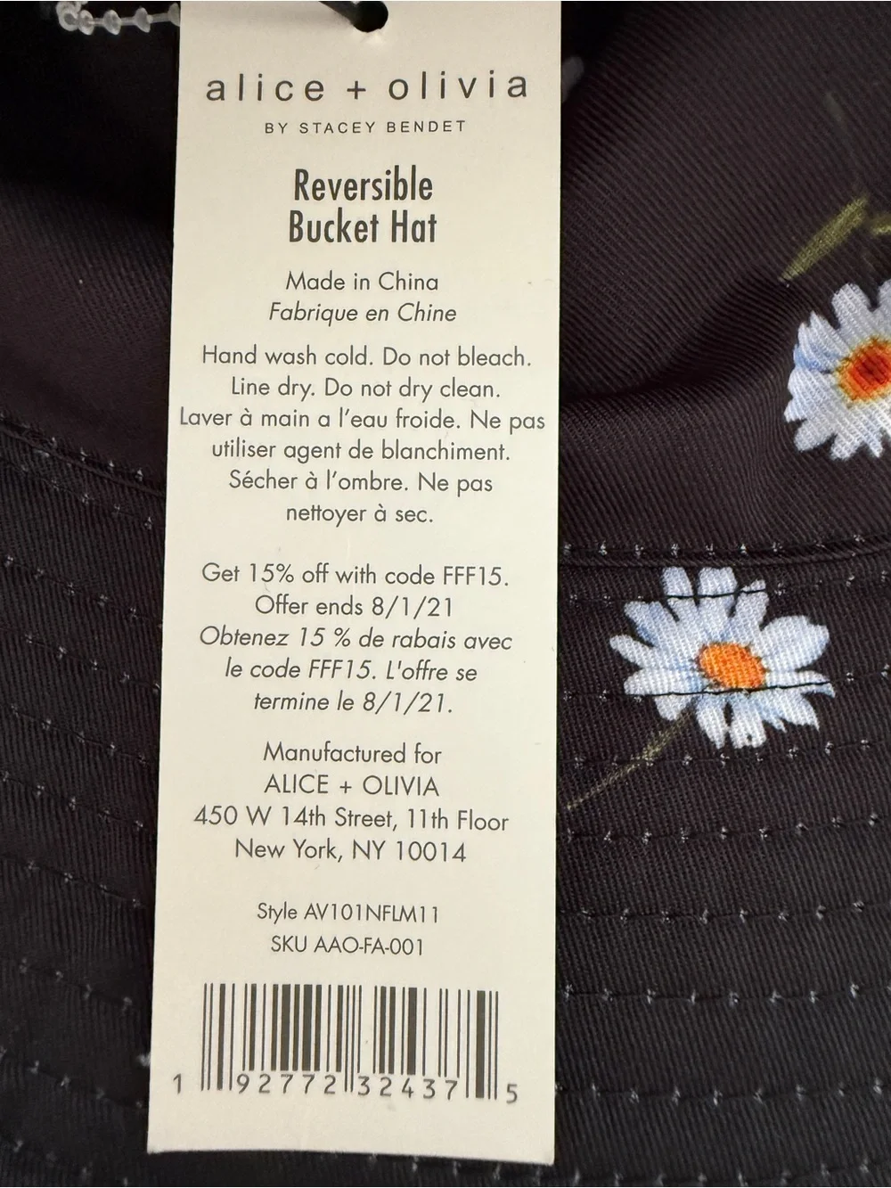 Alice + Olivia Reversible Bucket Hat Black Daisy Print/Solid White New w/ Tags